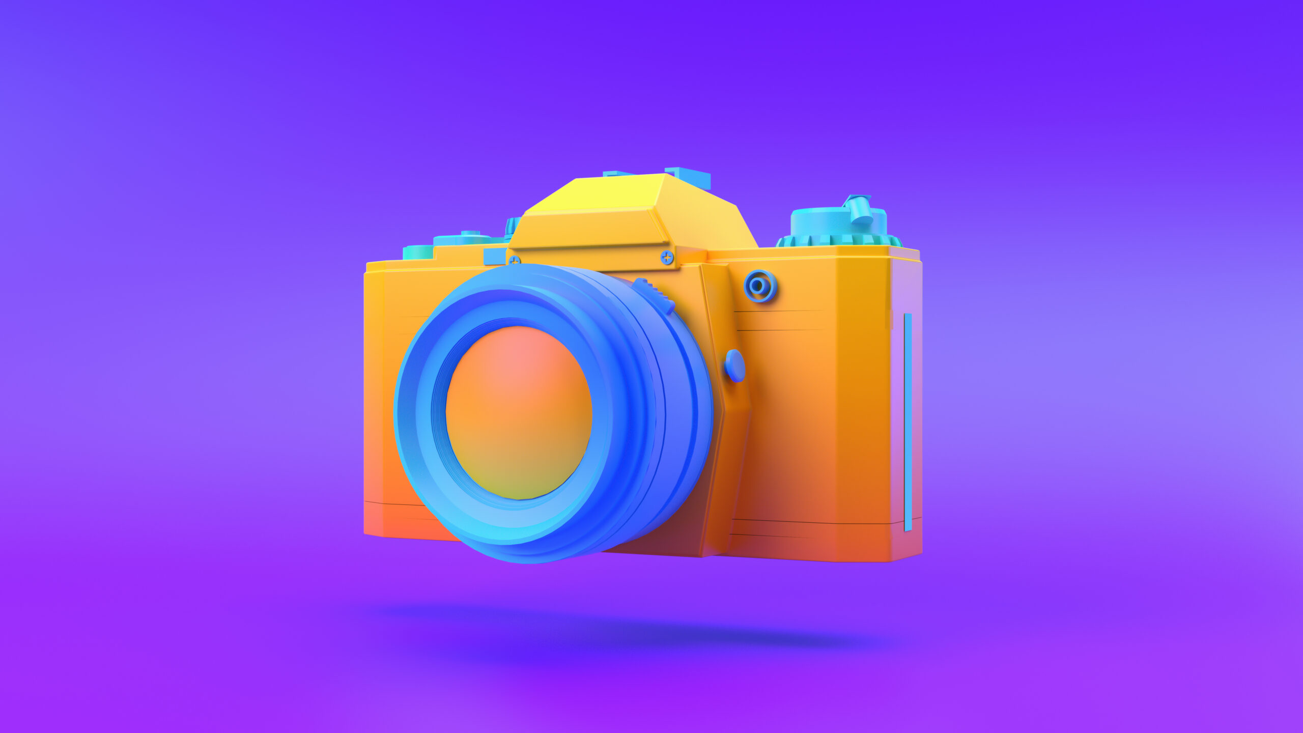 Multi-colored Camera on gradient background, 3d rendering.